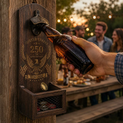 250th Anniversary Wooden Wall-Mounted Bottle Opener & Cap Catcher