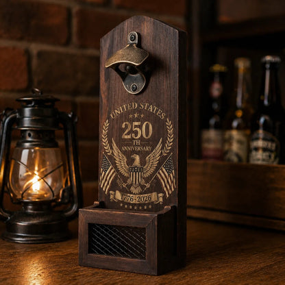 250th Anniversary Wooden Wall-Mounted Bottle Opener & Cap Catcher