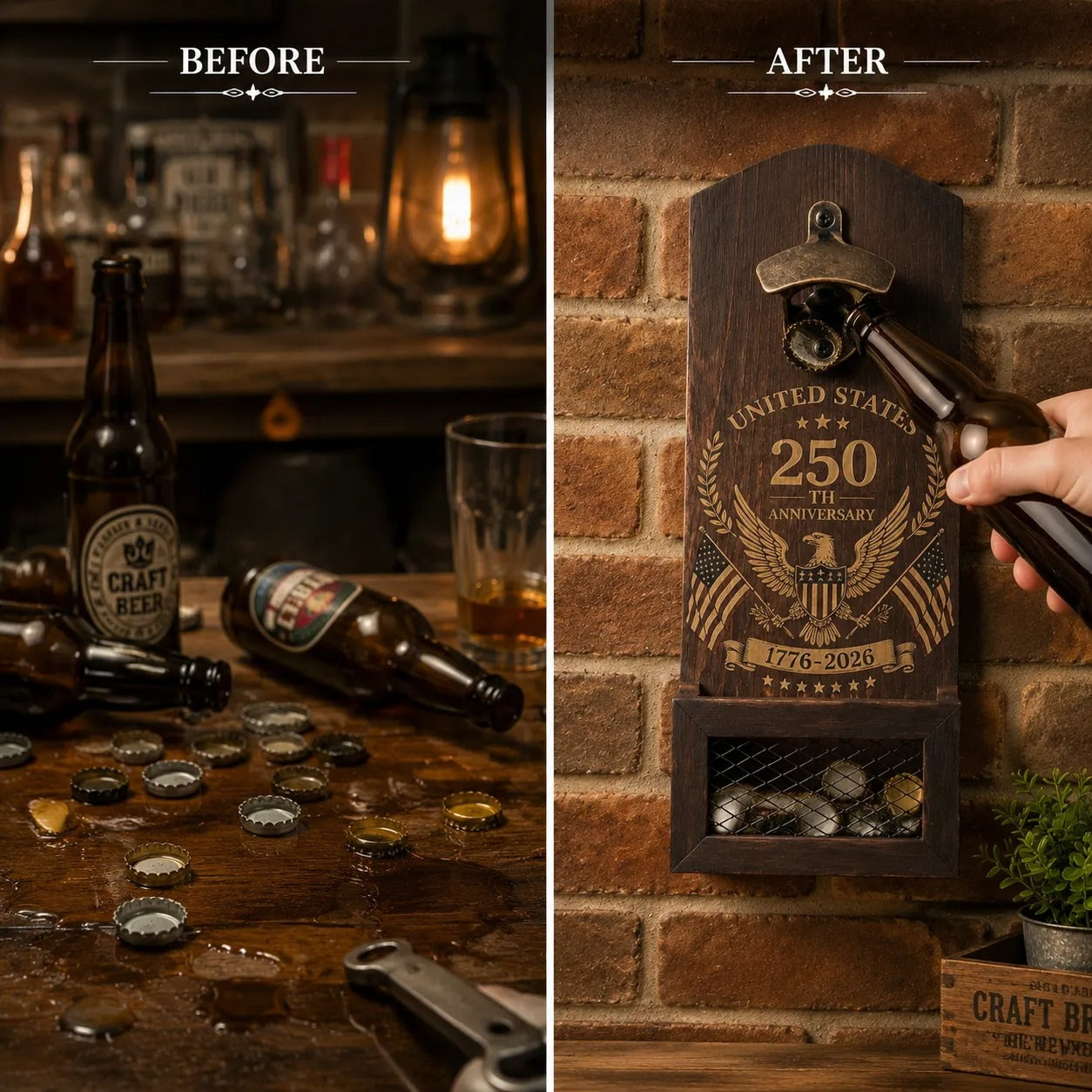 250th Anniversary Wooden Wall-Mounted Bottle Opener & Cap Catcher