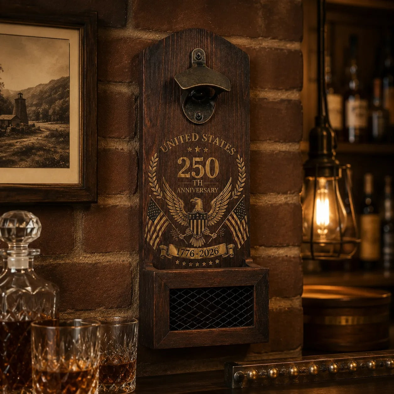 250th Anniversary Wooden Wall-Mounted Bottle Opener & Cap Catcher