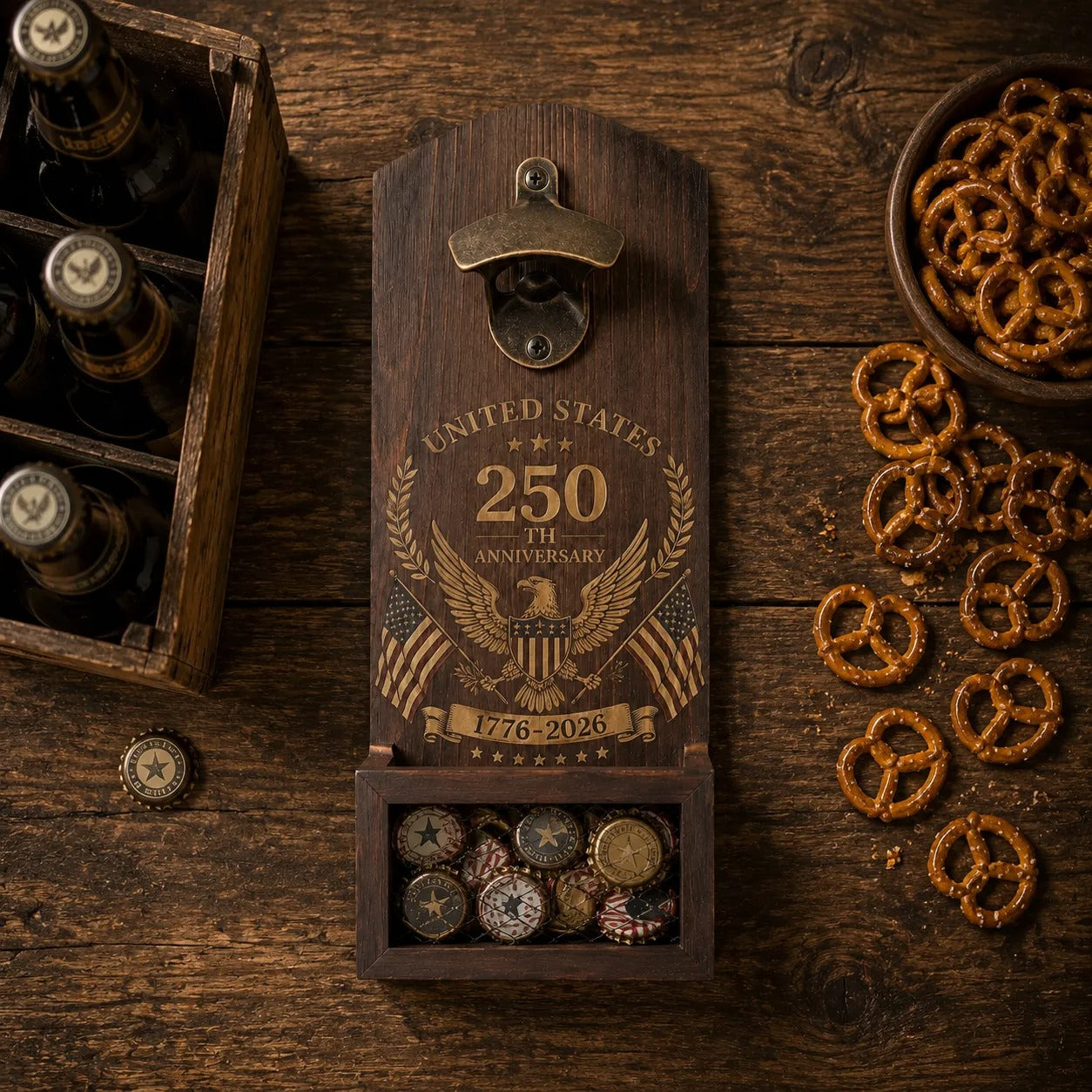 250th Anniversary Wooden Wall-Mounted Bottle Opener & Cap Catcher