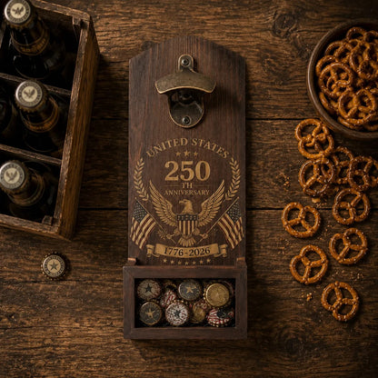 250th Anniversary Wooden Wall-Mounted Bottle Opener & Cap Catcher