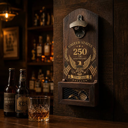 250th Anniversary Wooden Wall-Mounted Bottle Opener & Cap Catcher