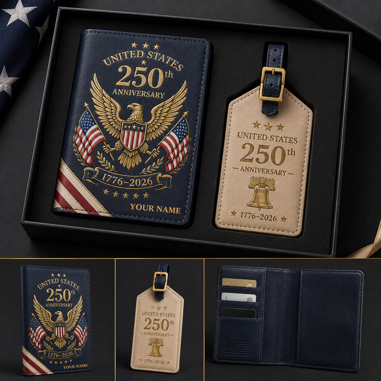 United States 250th Anniversary Personalized Passport Cover & Luggage Tag Gift Set