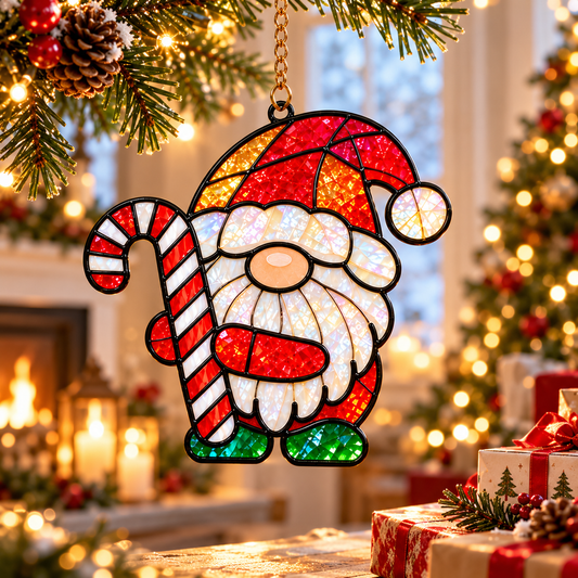 Christmas Gnome Stained Glass Suncatcher Ornament